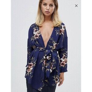 Pretty Little Thing Tie Waist Floral Rose Blue Kimono Blue 6 / UK 10